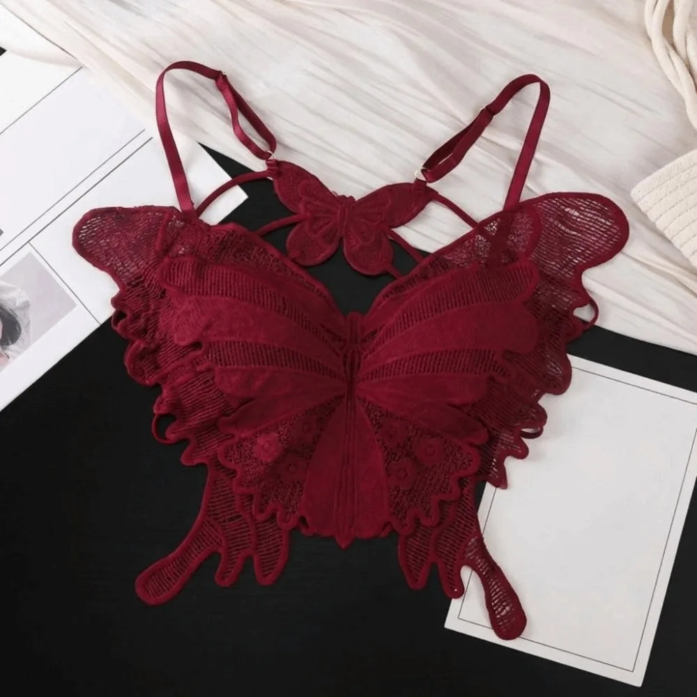 Sweet Backless Butterfly Bras Slim Fit Padded Lace Camisole Flower Qme Red 32-36AB One Size
