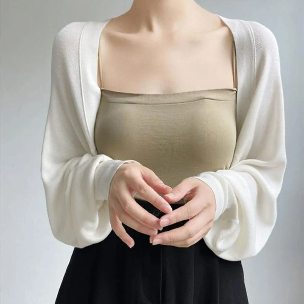 French Summer Thin Knit Shawl Solid Color Long Sleeve Ice Silk Shawl Casual Wraps Sunscreen Coat Female Qme White