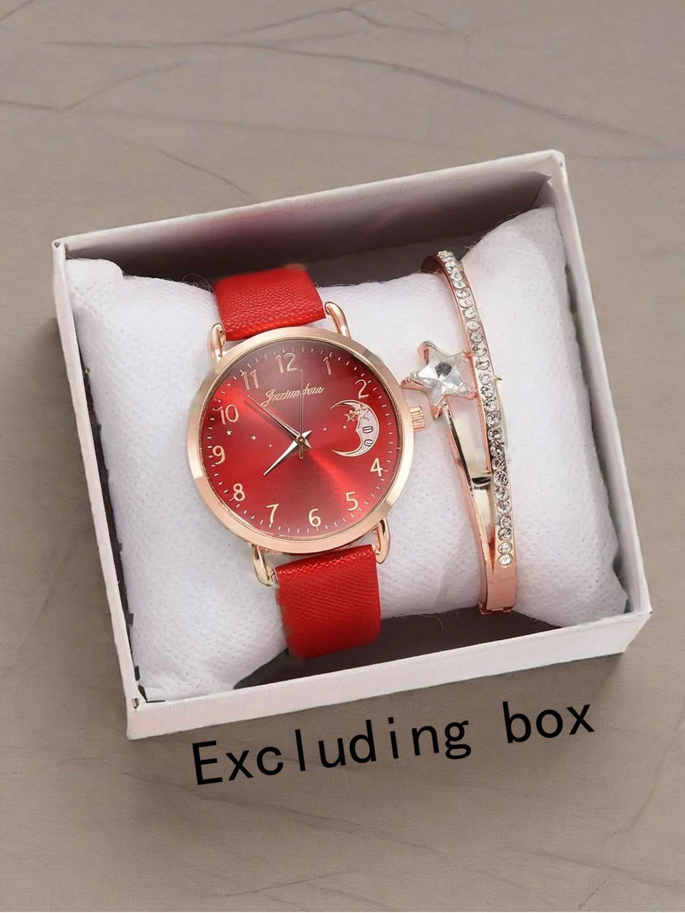2pcs/set New Women's Personalized Bracelet Set Moon Pattern Digital Dial 2pcs Fashion Quartz Women's Watch Qme Red Suit