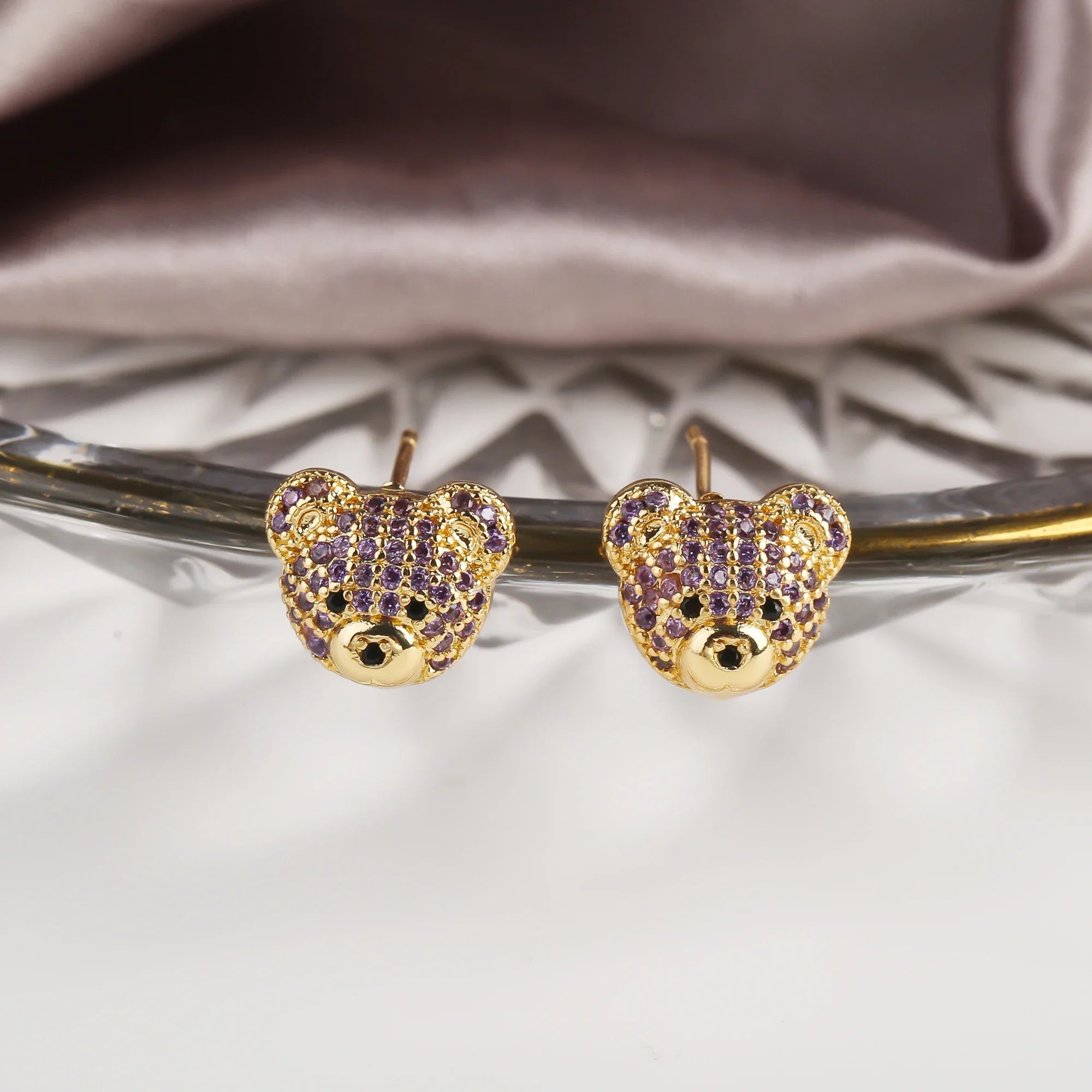 9 Colors Luxury Bear Shiny Zirconia Bracelet Classic Animal Adjustable Bracelet for Women Party Wedding Daily Wear Jewelry Gift Qme Purple Earrings