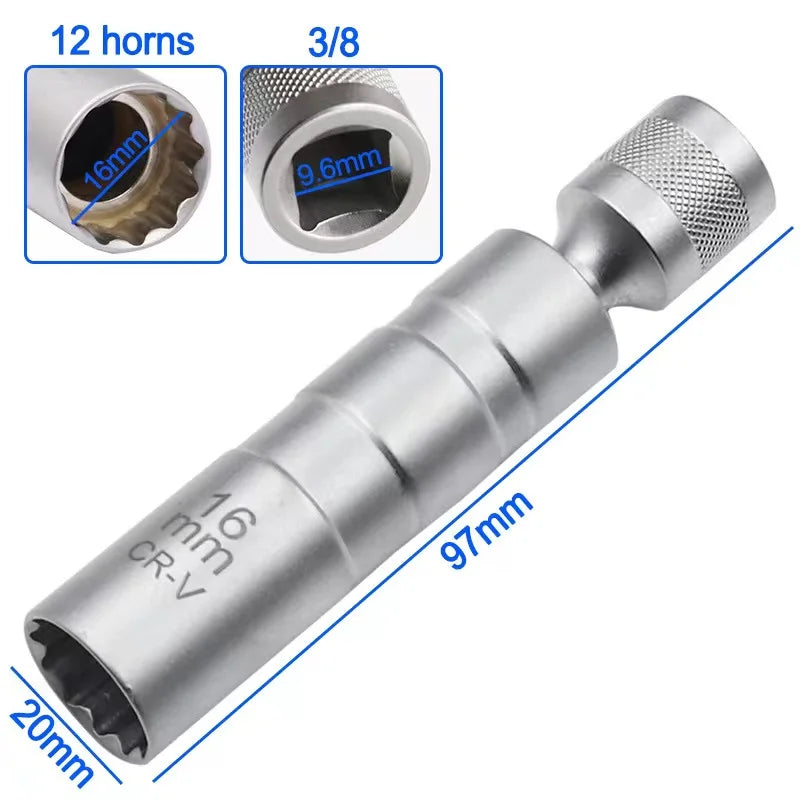 Spark Plug Socket Wrench Adapter 14mm16mm Set Universal Joint with Magnetic Flexible Socket Thin Wall 3/8" Drive Car Repair Tool Qme 16mm