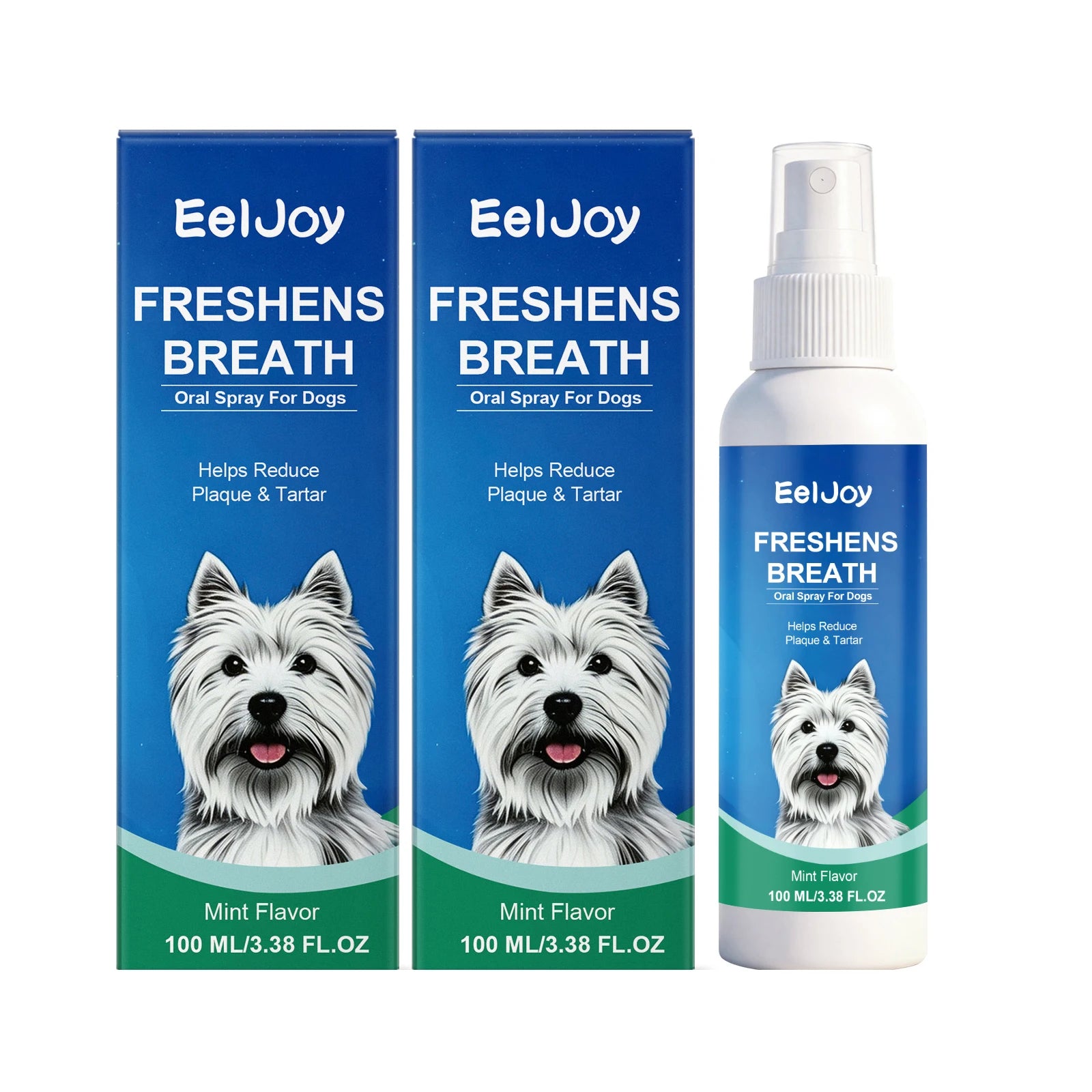 EELJOY Pet Dental Care Spray Reduces Plaque & Tartar Eliminates Bad Breath No‑brush Easy‑to‑use Mint‑flavored Dogs Mouth Cleaner Qme 2 x 100ML Boxed