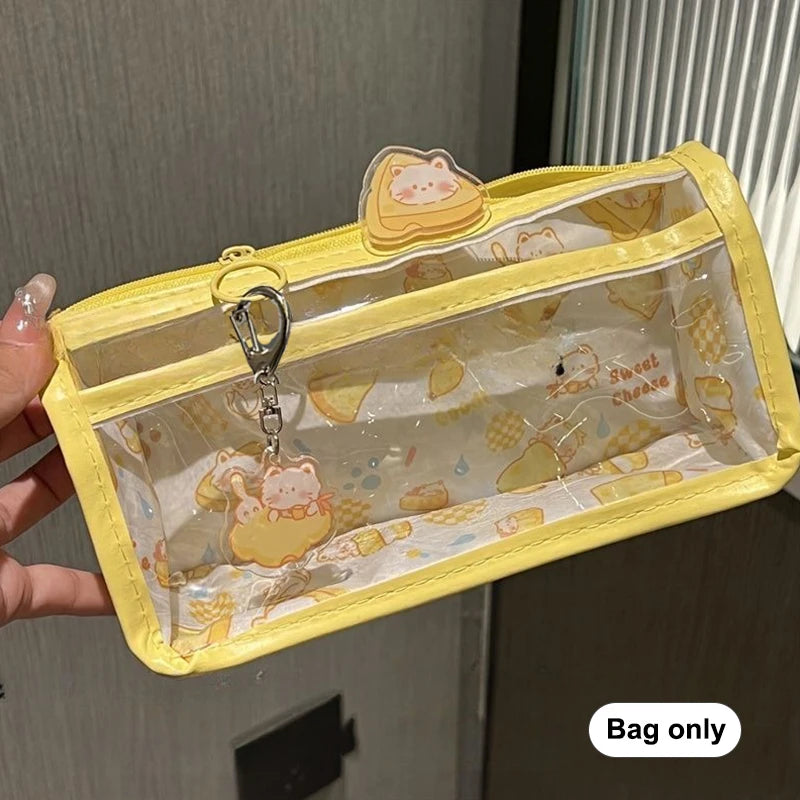 Multi-layer Vertical Cartoon Translucent Pencil Case Large-capacity Qme Yellow