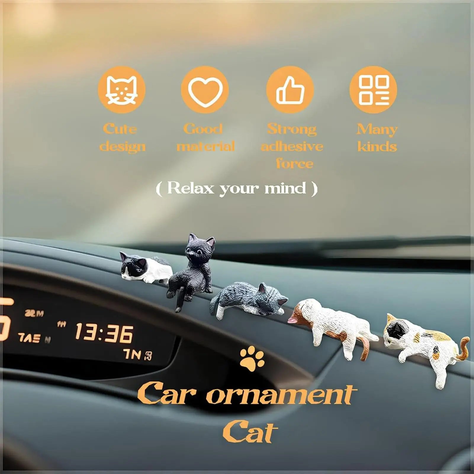 Cat Figurines Cartoon Resin Cute Car Ornament 5 Pieces Kitten Figurines Desk Decor for Women Vehicle SUV Dashboard Computer Desk Qme