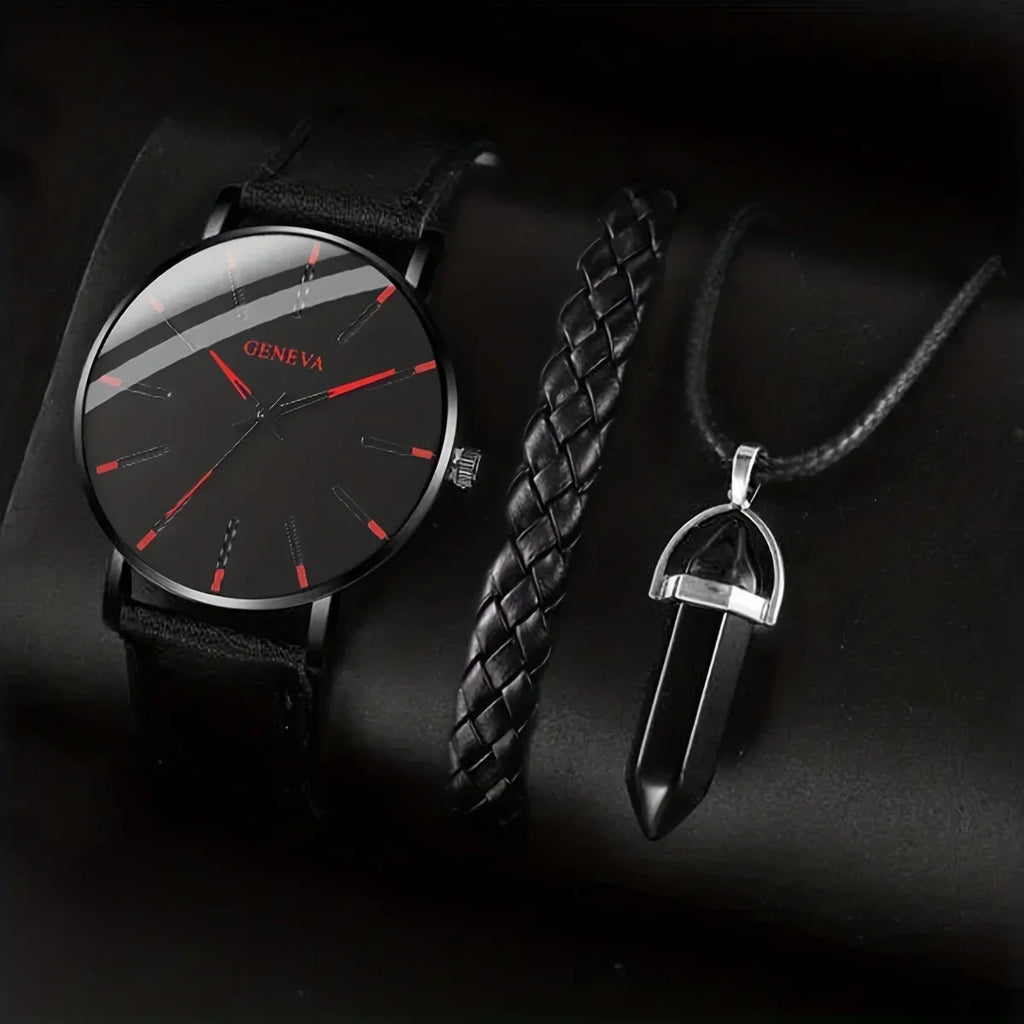 3pcs/set 1 Round Men's Quartz Watch And 1 Bracelet 1 Necklace Qme Bronze No