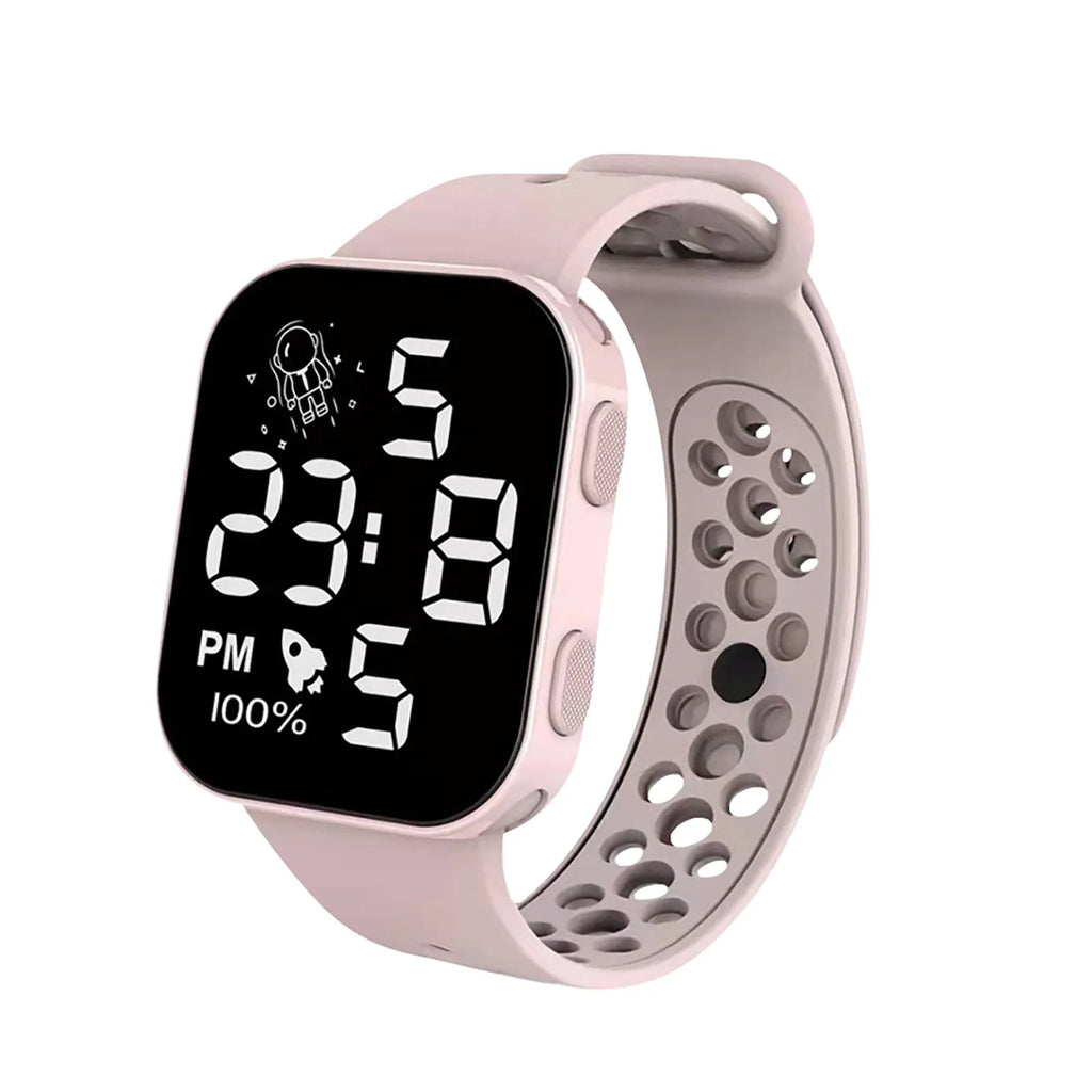 Children’s Solid Color Simple Fashion And Breathable Silicone Strap With Led Display Square Dial Calender Electronic Sport Watch Qme