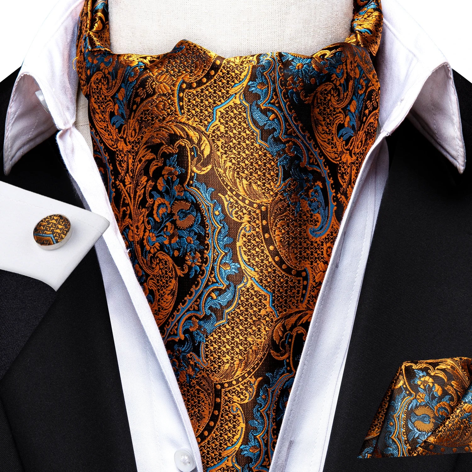 Men's Ascots Fashion Luxury Floral Cravat Cufflinks Handkerchiefs Qme LDAS1033