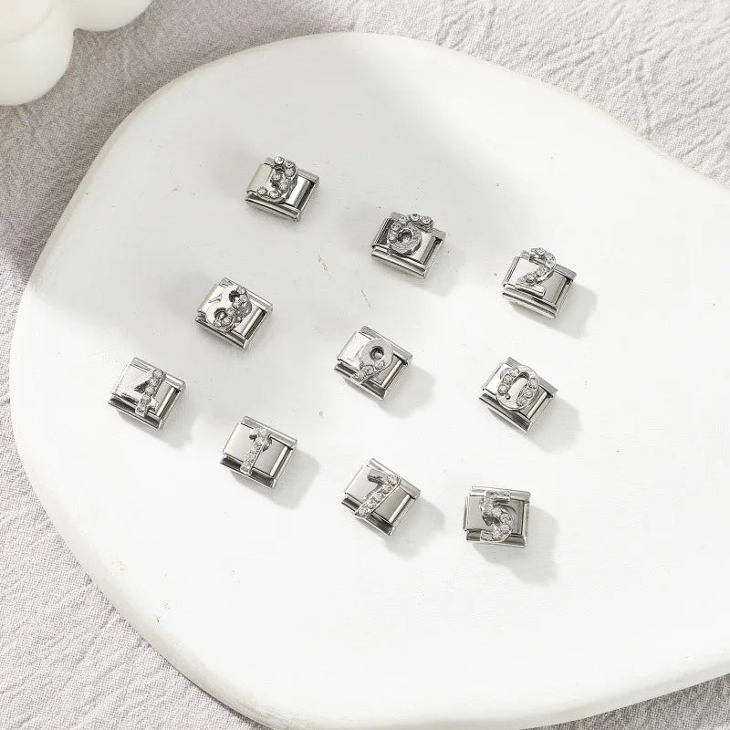 Hot Selling Shiny Zircon Numbers 0-9 Italian Charm Link 9mm Stainless Steel Modular Bracelet Jewelry Accessories DIY Wholesale Qme