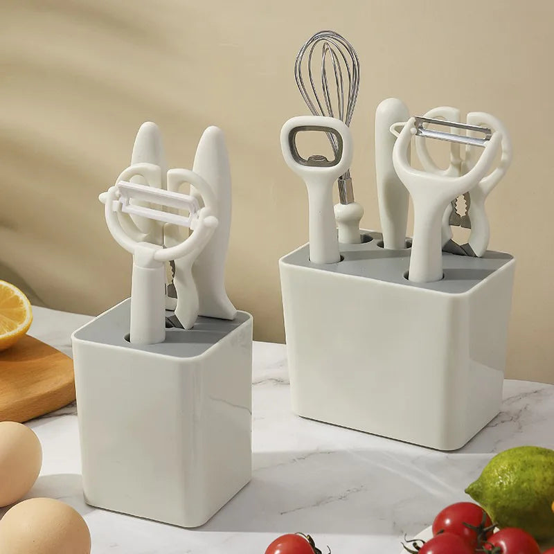Kitchen Utensil Set With Storage Rack, 5-piece White Stainless Steel Tool Set, Including Peeler, Knife, Scissors, Storage Rack Qme