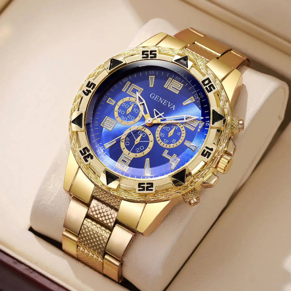 Fashion Business Men Watch Luxury Big Dial Mens Quartz Wristwatches Clock Gift Reloj Hombre（Without Box） Qme Gold Blue No Box