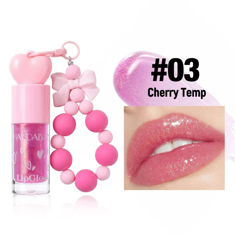 4 Colors Bowknot Bracelet Keychain Lip Oil, High Shine Hydrating Glitter LipGloss, Mirror Water Lip Glaze Non Sticky Lip Makeup Qme 03 Cherry Temp