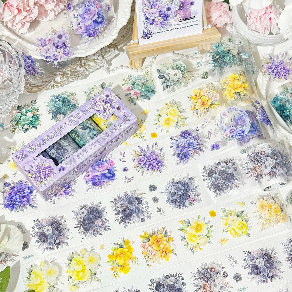 4Rolls/2m Laser Blue Red Flower Japanese PET Tape Set Decorative Masking Tape Scrapbooking Stickers Journal Aesthetic Stationery Qme