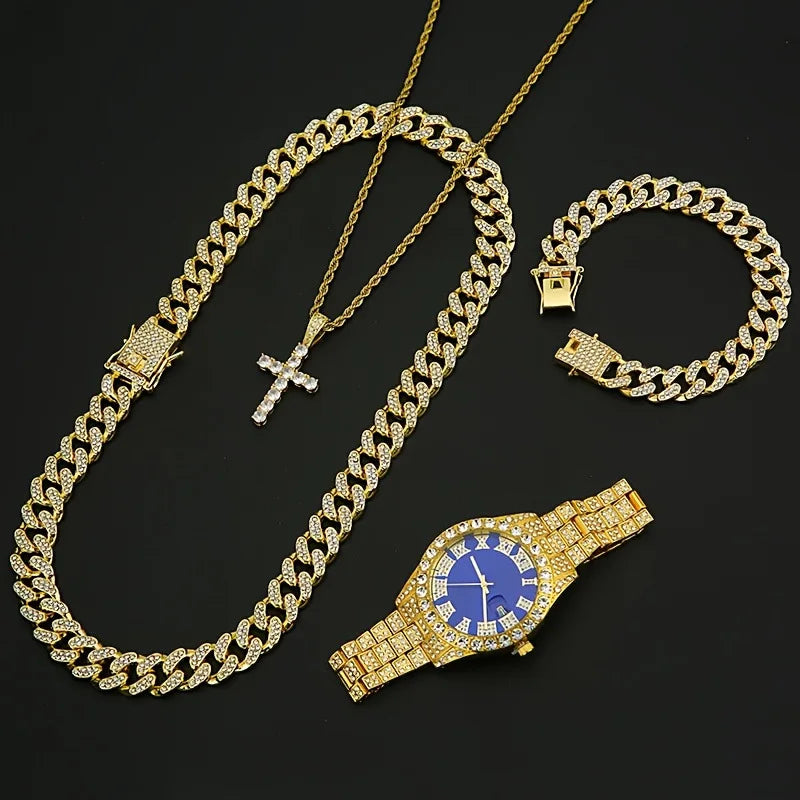 Luxury Iced Out Men's Watch Jewelry Set, 5Pcs Blue Dial Watch + Cuban Chain + Cross Necklace + Bracelets, Hip Hop Accessory Qme Multicolor