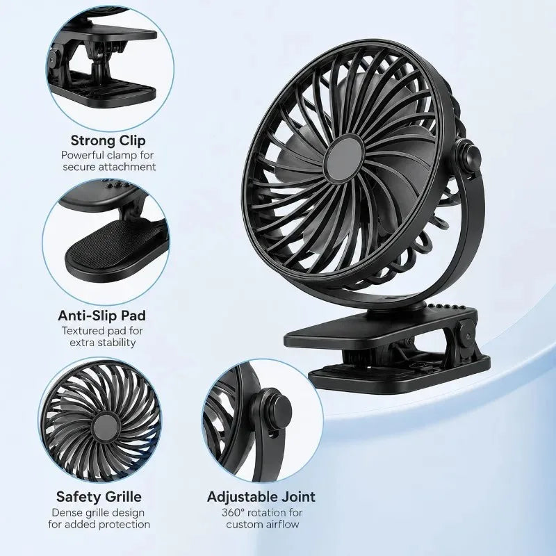 USB Rechargeable Clip Fan Mini Portable Stroller Fan for Baby Crib Office Dorm Outdoor Trip Desktop Cooling Qme