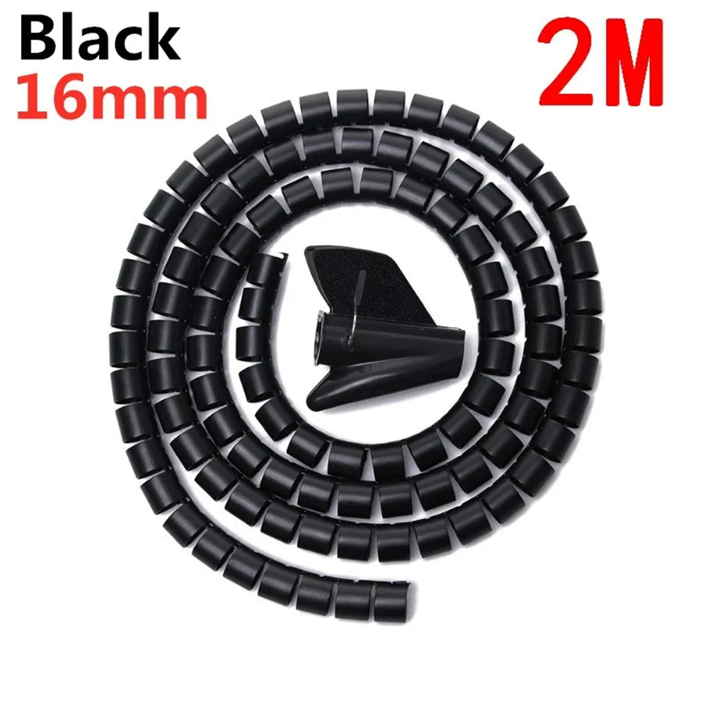 2 Meter 10/16mm Line Flexible Spiral Cable Organizer Storage Pipe Cord Protector Management Cable Spiral Wrap Winding Protector Qme 16mm black