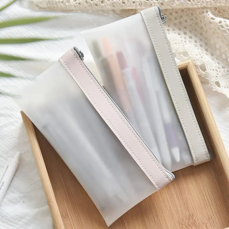 Frosted Transparent Pencil Case, High Appearance Waterproof Haze Blue Pink Pencil Box, Kawaii School Stationery Organizer Qme