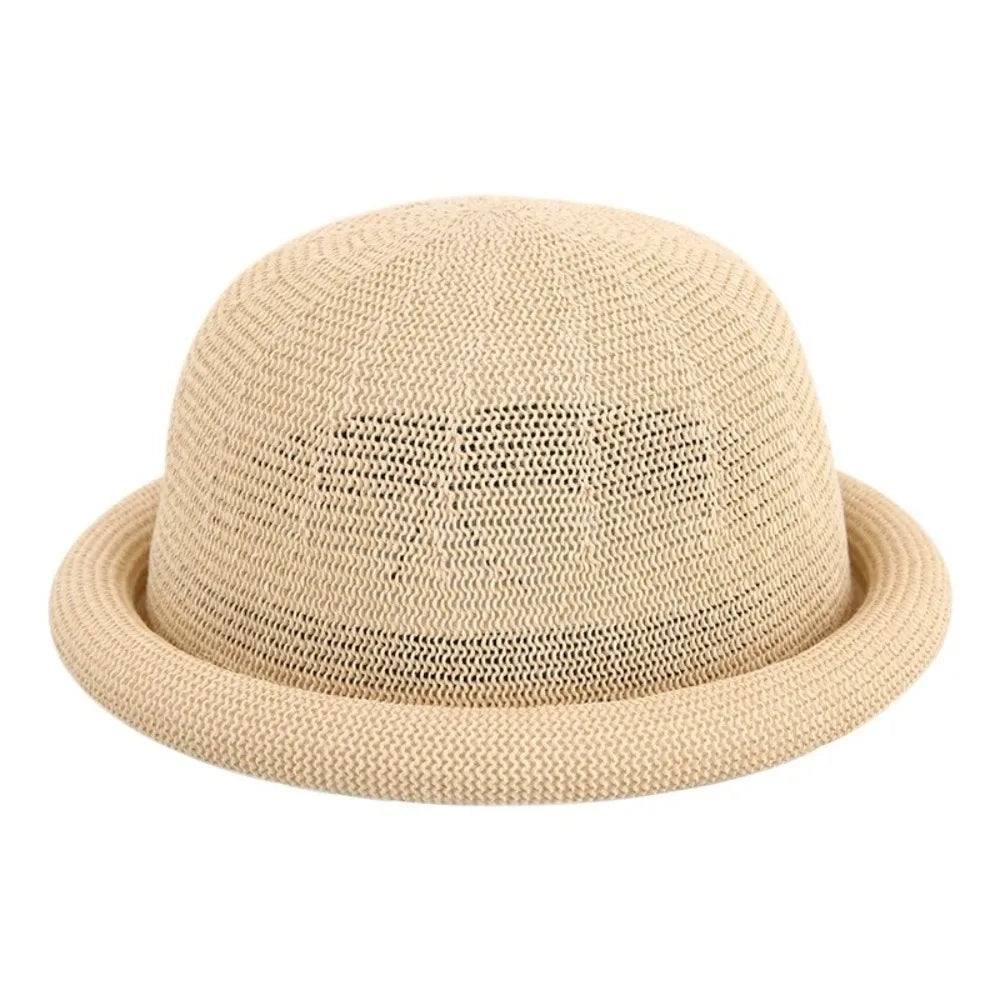 Casual Solid Bucket Hat Cotton Linen Rolled-brimmed Fedora Breathable Qme Khaki