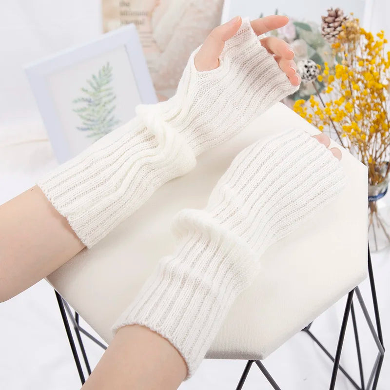 Long Fingerless Gloves Women Mitten Winter Arm Warmer Kawaii Knitted Qme