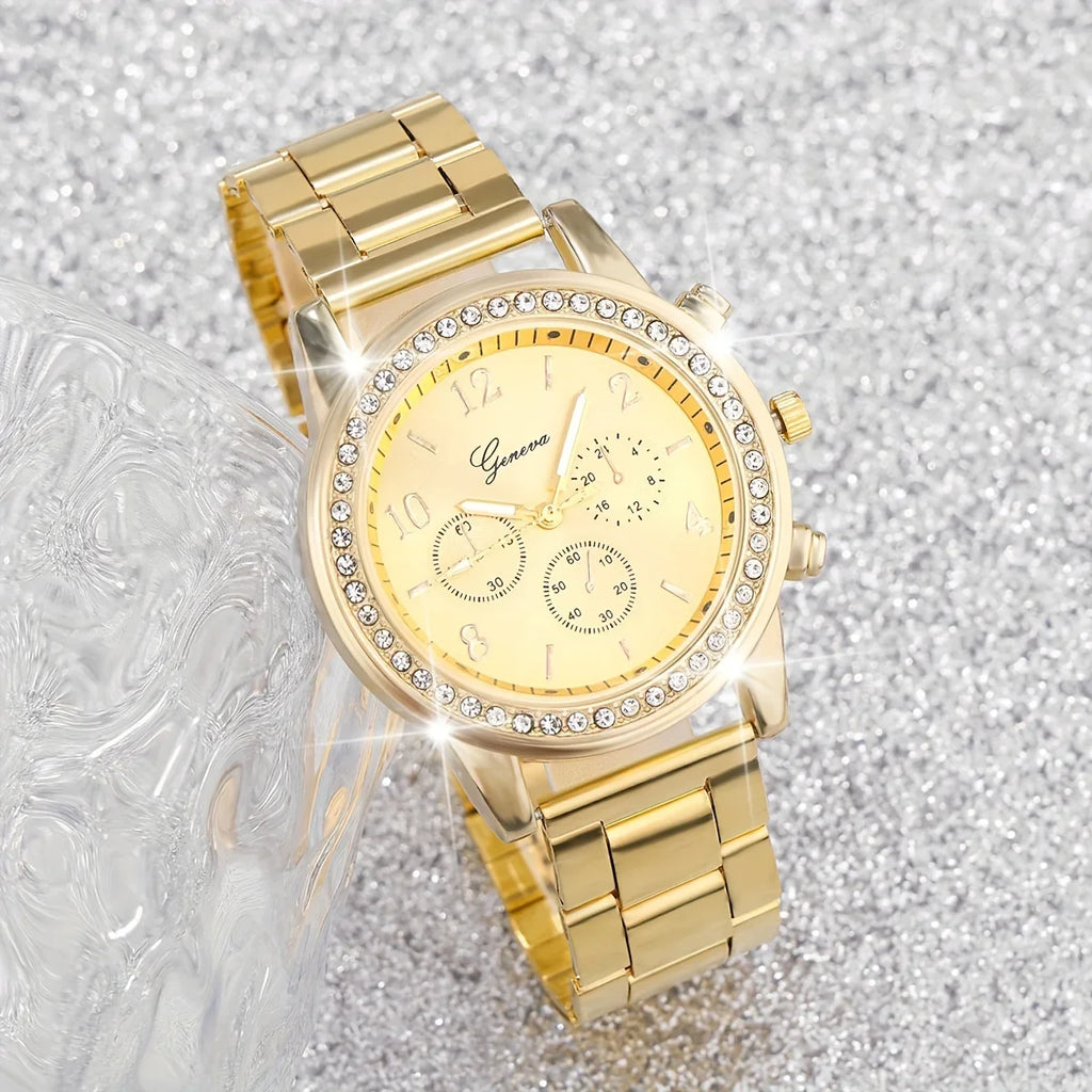 Elegant Women'S Quartz Watch & Jewelry Set - 2pcs, Swiss Movement, Zinc Alloy Band, Round Case, Digital Display Jewelry Qme