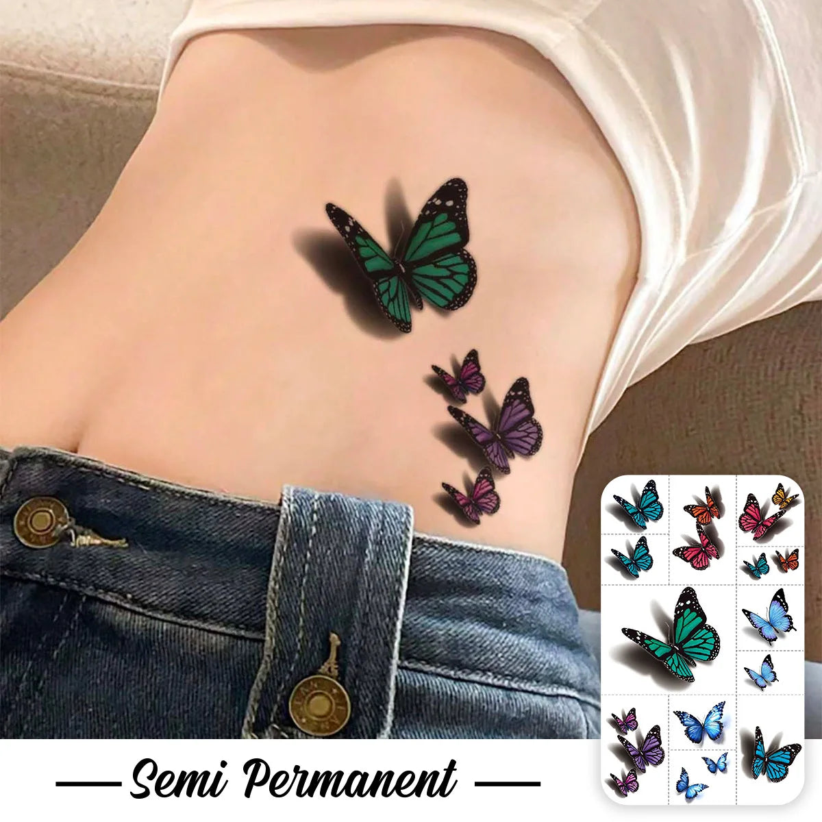 3D Color Gradient Butterfly Temporary Tattoo Stickers, Ins Style Realistic Body Art for Stomach & Arm, Waterproof Fake Tattoo Qme