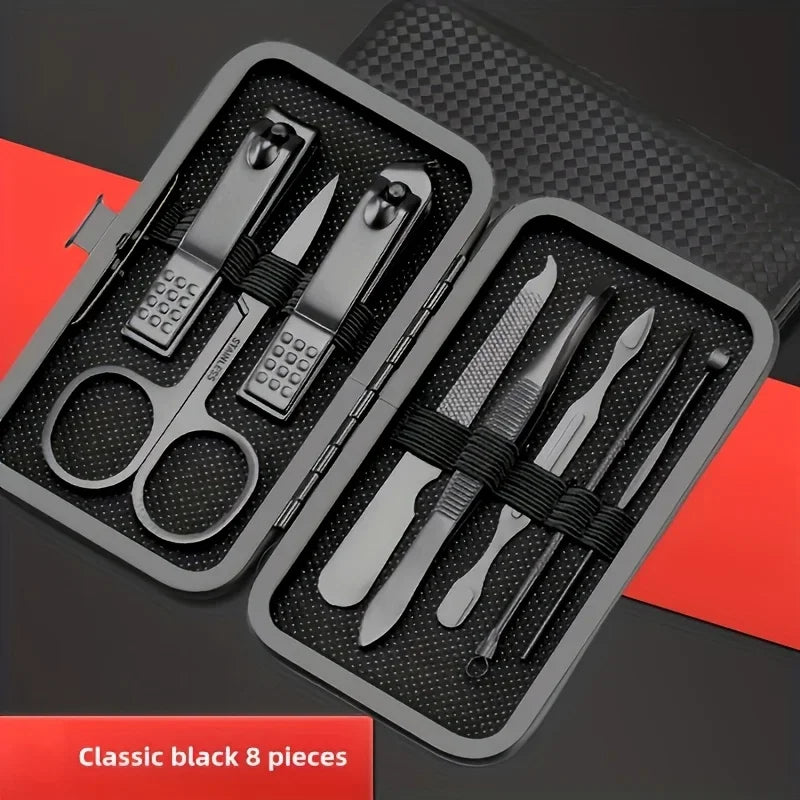 A Set of Stainless Steel Grooming Tools in Black, Including Nail Clippers, a Cuticle Pusher, Perfect for Portable Nail Care Qme