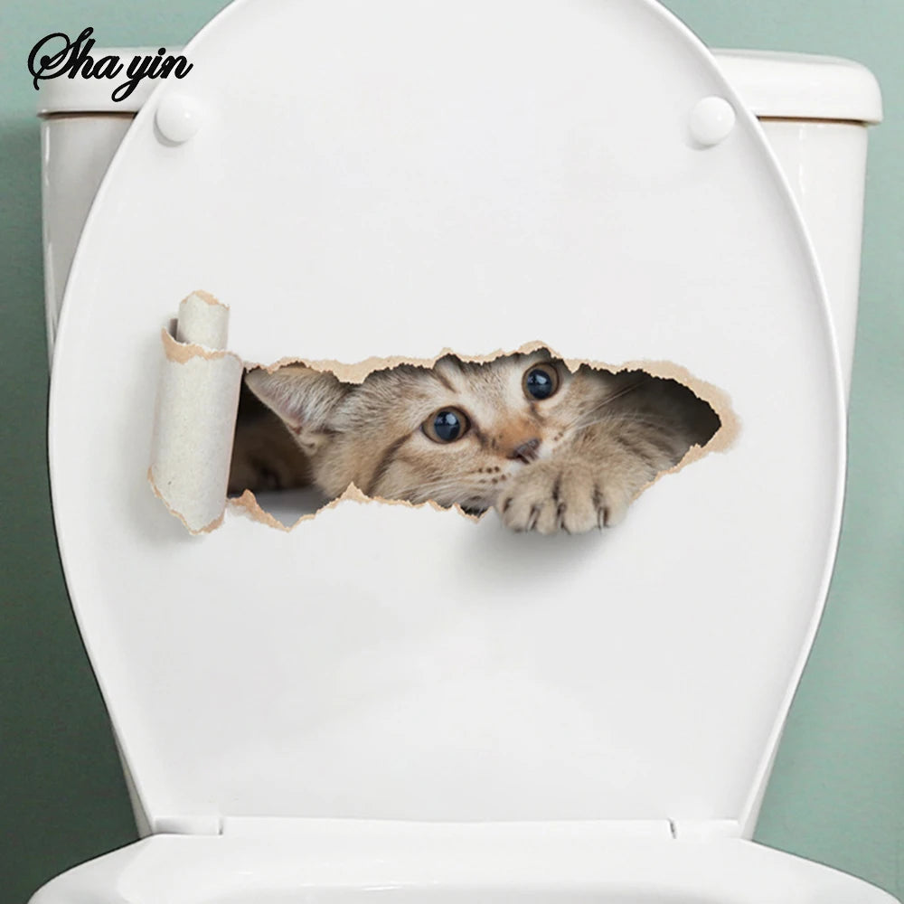 Cartoon Hole Breaking Cat Toilet Sticker, Bathroom Beautification Decoration Toilet Cover Waterproof Sticker Qme