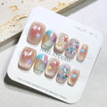 Rainbow Cat Eye Handmade Medium Square Fake Nails Grid Sweet Patterns Qme GJ-CDJ-ZB68-S