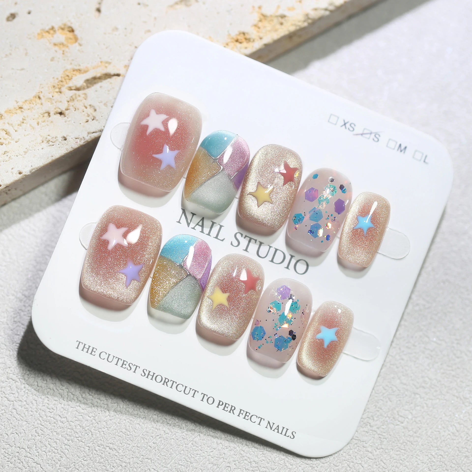 Rainbow Cat Eye Handmade Medium Square Fake Nails Grid Sweet Patterns Qme GJ-CDJ-ZB68-S