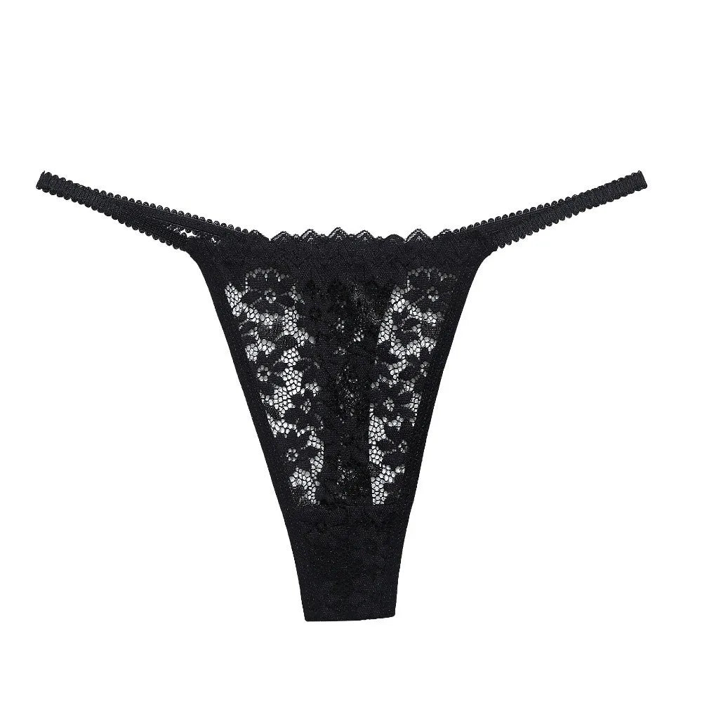 Breathable Mesh Lace Thong Women Low Waist Transparent Flower Briefs Qme Black S 1pc