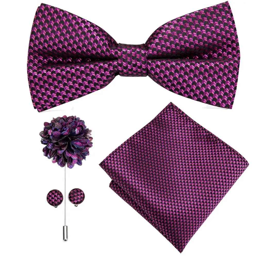 Hi-tie Silk Men's Bowtie Pocket Square Cufflinks Brooch Jacquard Qme LH0749-0078