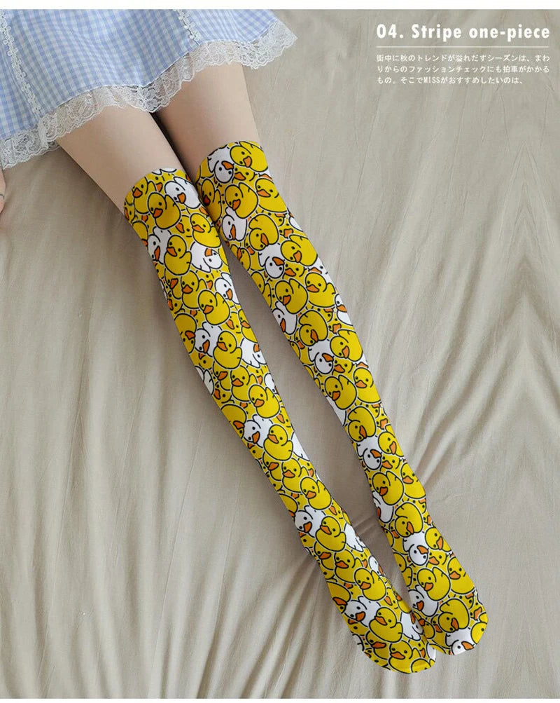 Fashion Yellow Cartoon Duck Women's Stockings 3d Printing Harajuku Qme