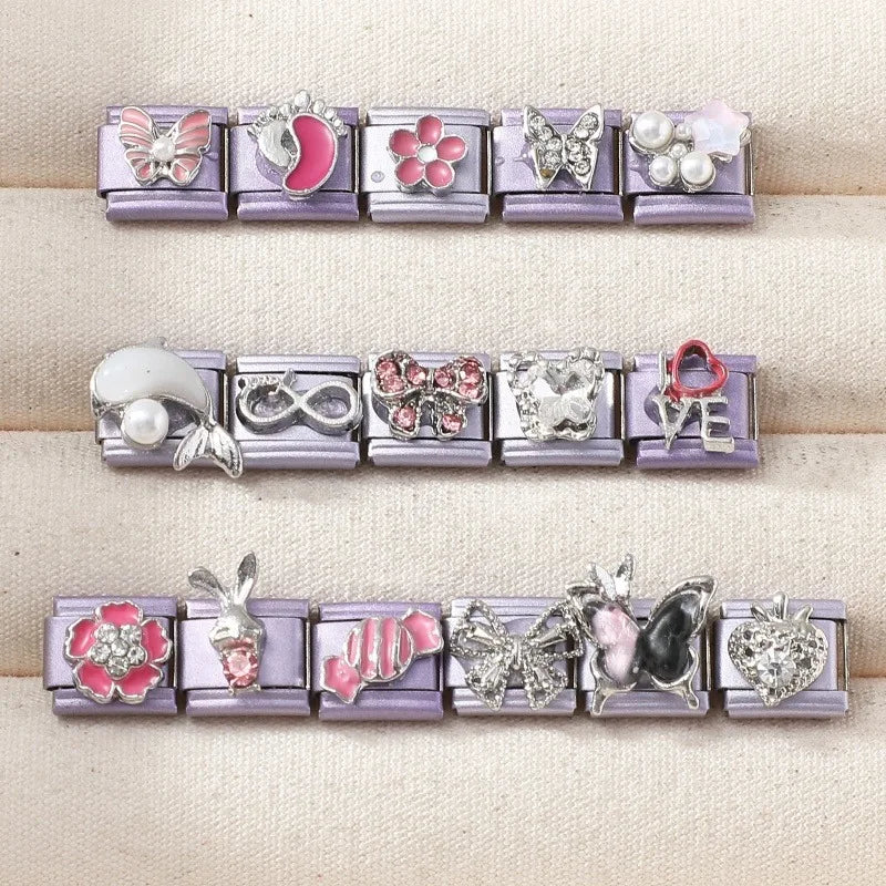 Fashion Zircon Bow Butterfly Cute Rabbit Italian Charms Links DIY Stainless Steel Bracelet Accessories Women Jewelry Making Gift Qme