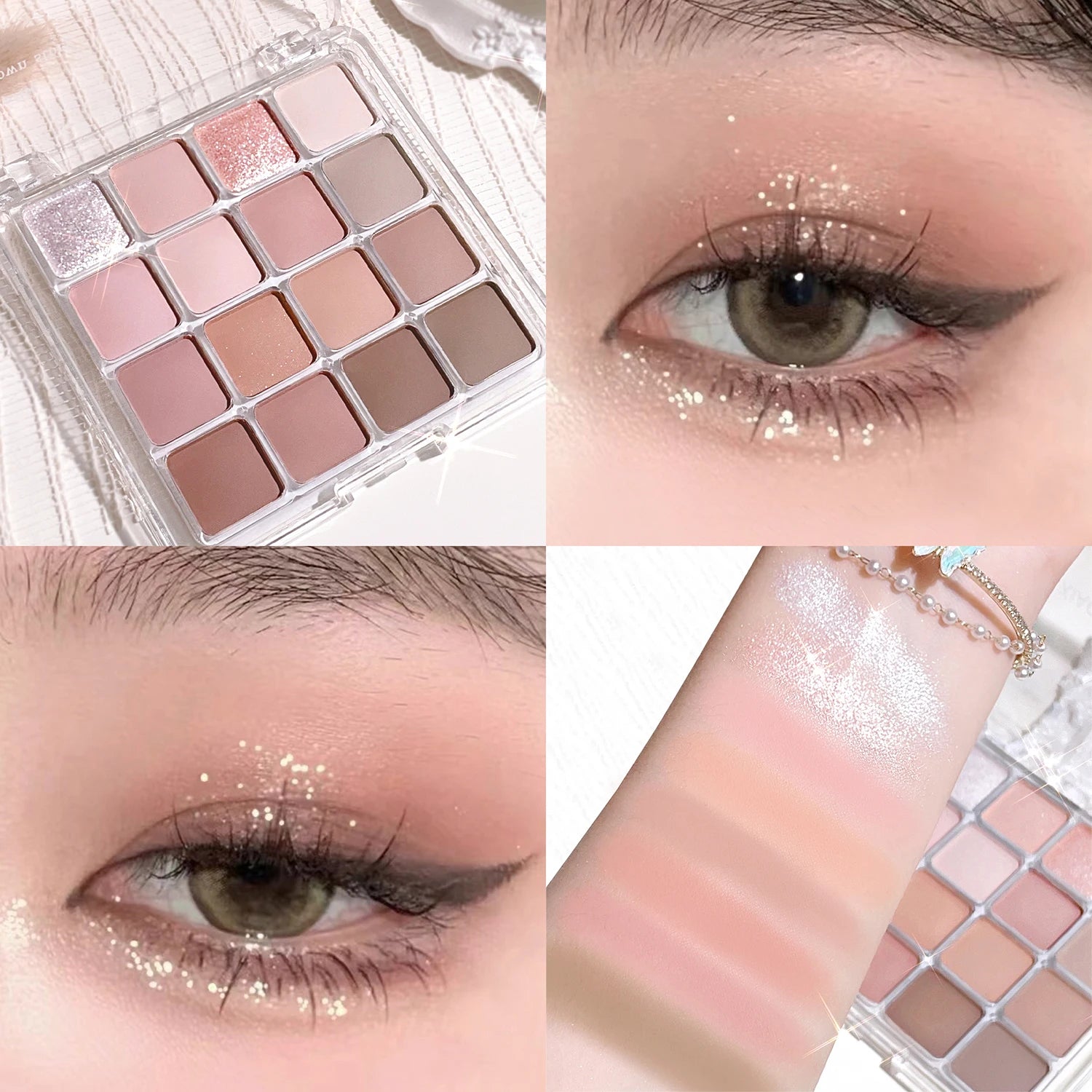 16 color eyeshadow palette - Glitter, matte and shimmer finish in gentle fall and winter tones of blue, brown, coral and pink Qme 04