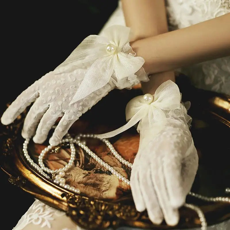 Women Bridal Short Gloves Full Finger Mesh Wedding Beaded Bow Wrist Qme