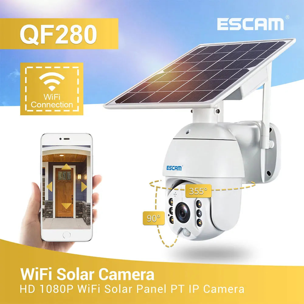 ESCAM QF280 1080p Wifi Version Shell Solar Security Camera Outdoor Surveillance Waterproof CCTV Camera Smart Home Two-way Voice Qme