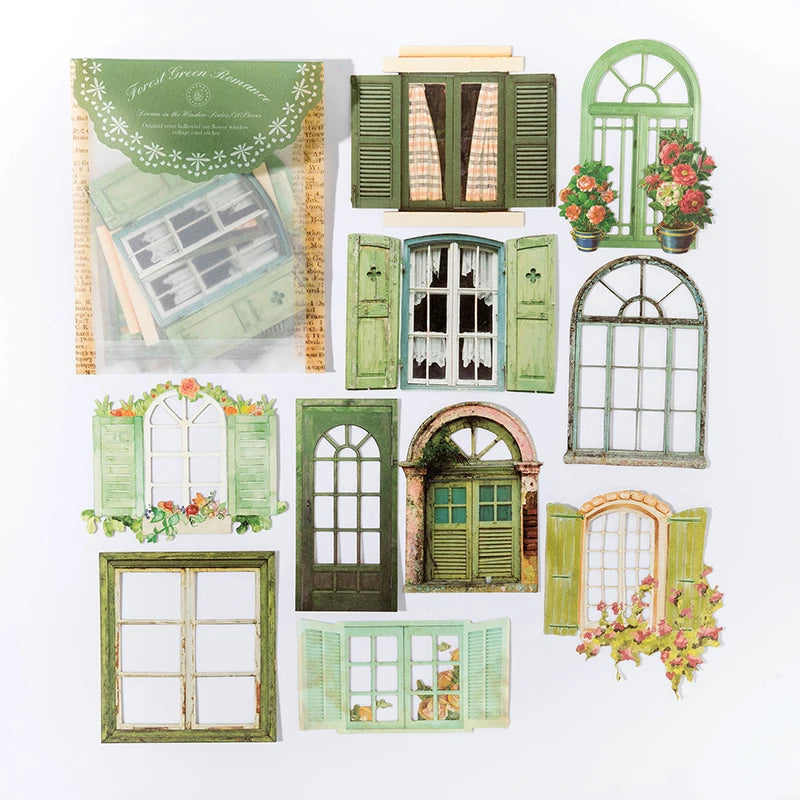 10 Sheets Vintage Hollow Door Window Sticker Diy Diary Decoration Plant Flower INS Sticker Album Scrapbooking Kawaii Stationery Qme B