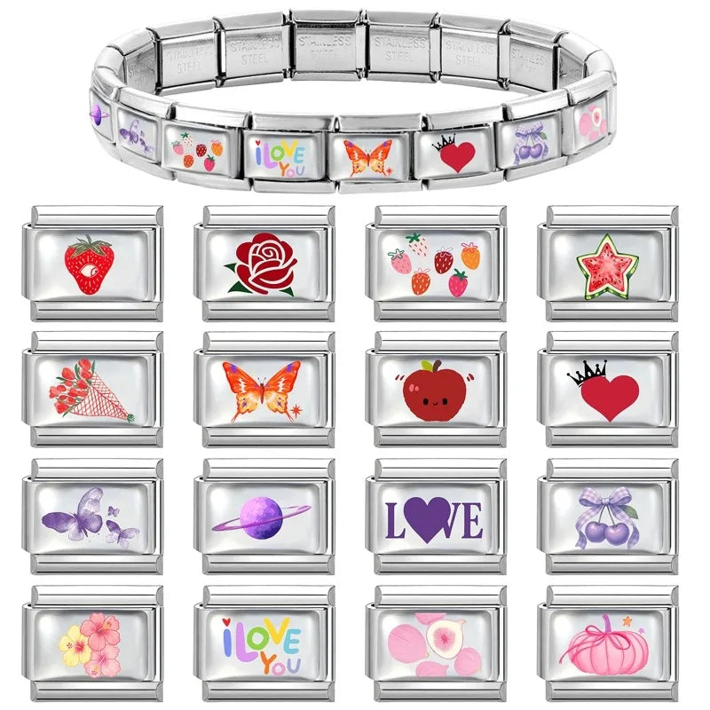 2026Fashion Pretty Colour Bow Cherry Flower Peach Blossom Charm Italian Links Fit 9mm Stainless Steel Bracelet Making DIYJewelry Qme