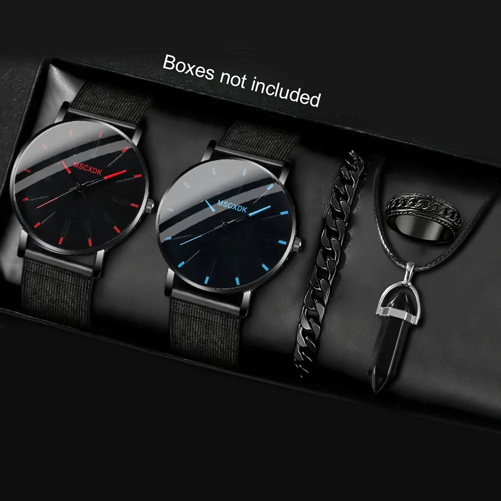 2 men's fashionable and casual round quartz watches and 3 pieces of jewelry, perfect gifts for daily wear and gift occasions. Qme black
