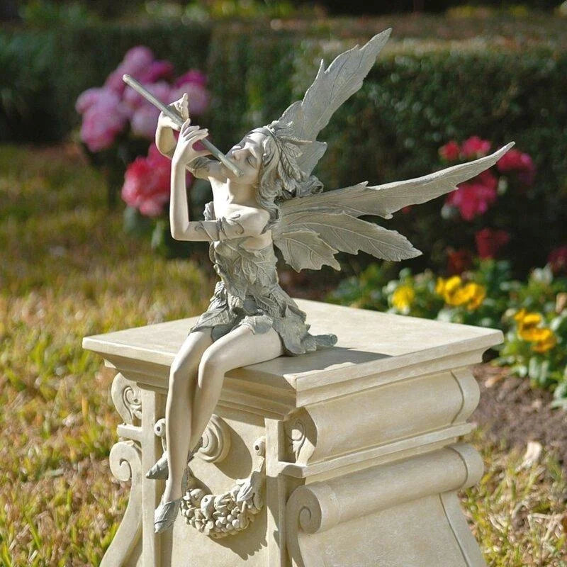 Playing Flute Fairy Statue Angel Garden Sculpture Decoration Outdoor Qme Default Title