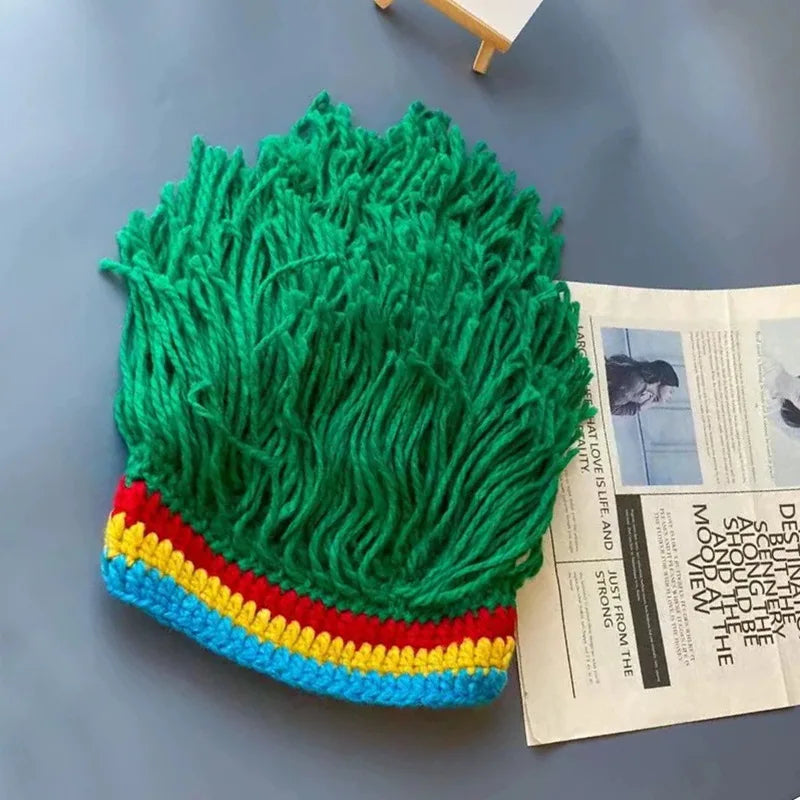 Novelty Dreads Knit Hat Warm Fuzzy Wool Cap Braided Wig Unique Hip Qme green