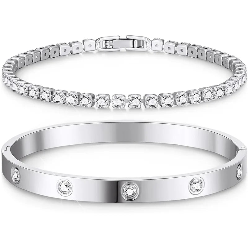 2PCS Colorful Shiny Zircon Stacked Bracelet Bangles High Quality Gold-plated Stainless Steel Jewelry Bracelet Bangles Set Gift Qme 4mm White Stainless