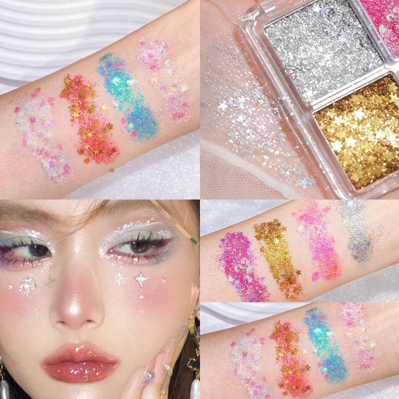 Sparkling Diamond 4 color eyeshadow tray - Halloween pumpkin and cherry tones, blue/gold/yellow, cosplay and stage makeup Qme
