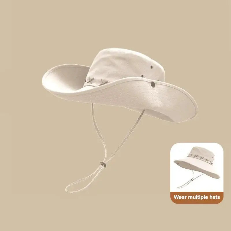 Breathable Western Cowboy Hat Solid Adjustable Wide Brim Sun Outdoor Qme Beige