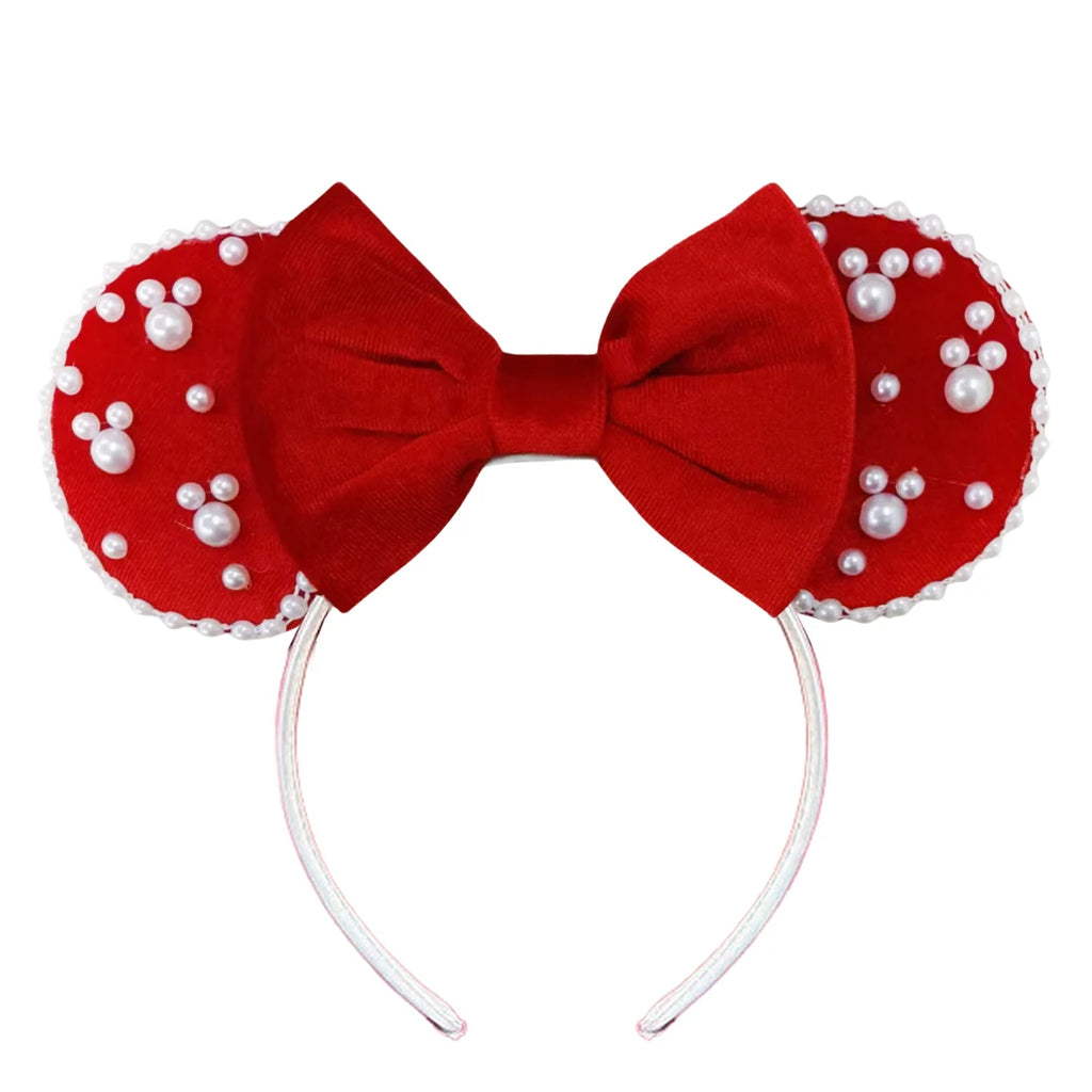White Pearls Mickey Ears Hair Accessories for Girls Solid Color Soft Cotton Bow Headbands Women Minnie Mouse Hair Accessorie Qme