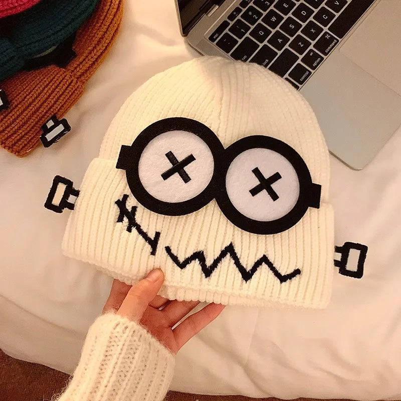 Funny Cute Knitted Woolen Hat Women Autumn Winter Cartoon Warm Qme WHITE