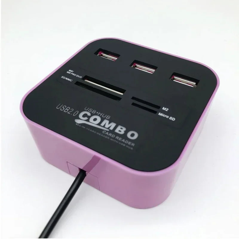 High Speed USB Hub 2.0 3 Ports with Card Reader Mini Hub USB Combo All In One USB Splitter Adapter for PC Laptop Computer Qme PURPLE