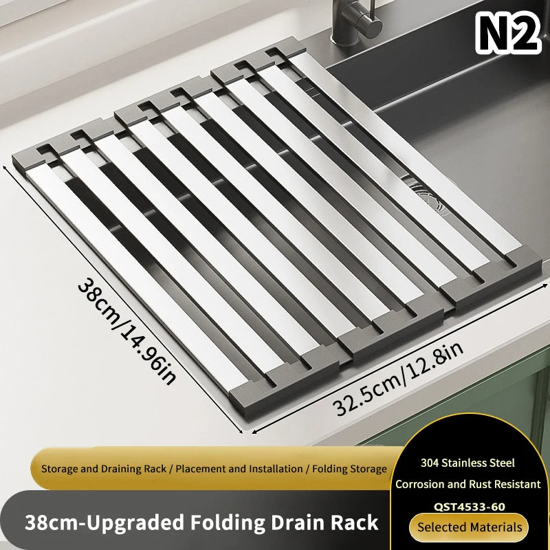 Stainless Steel Kitchen Sink Drain Rack Foldable Dish Drainer Bowl Qme 2