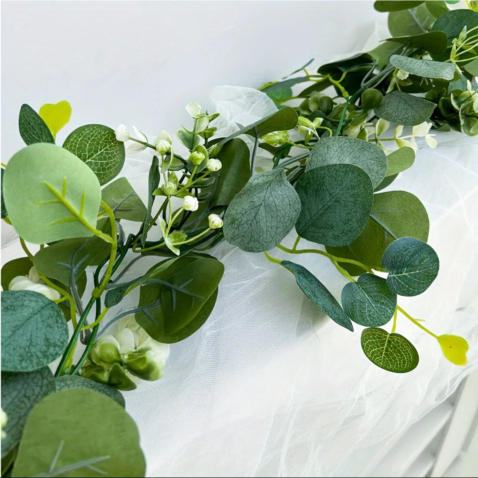 1pcArtificial Eucalyptus Leaves Greenery Garland Faux Plant Spring Vines with White Flowers Berries for Wedding Home Party Decor Qme