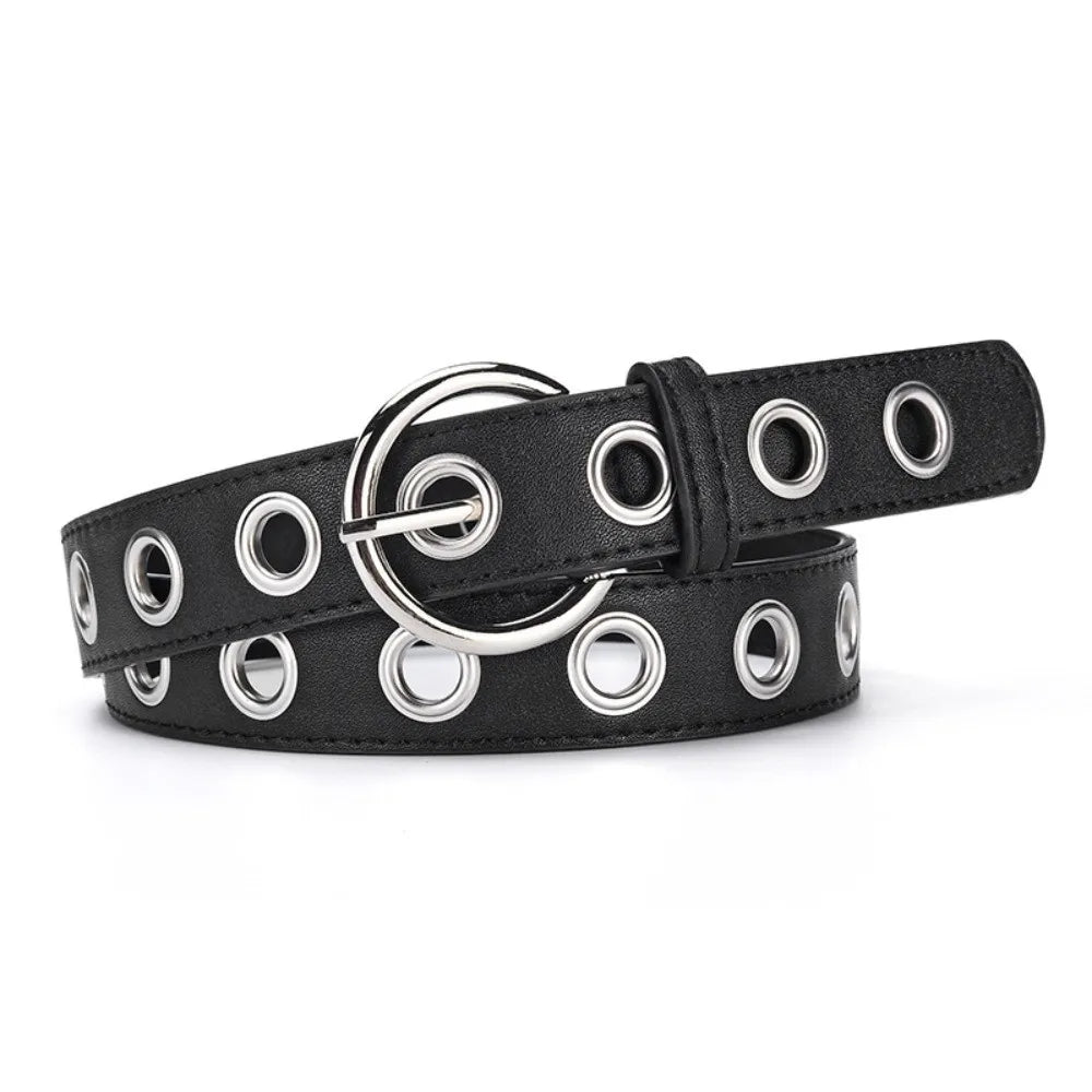 Adjustable Fashion Grommet Belt Durable Parallel Holes Punk Rock Waistband Universal Width Fit Polished Metallic Shine Qme Black
