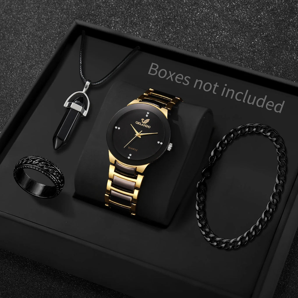 4PCS Fashion Men Business Watches Jewelry Set Luxury Rhinestone Male's Quartz Wristwatch Reloj Hombre (Without Box) Qme 4PCS Set Without Box